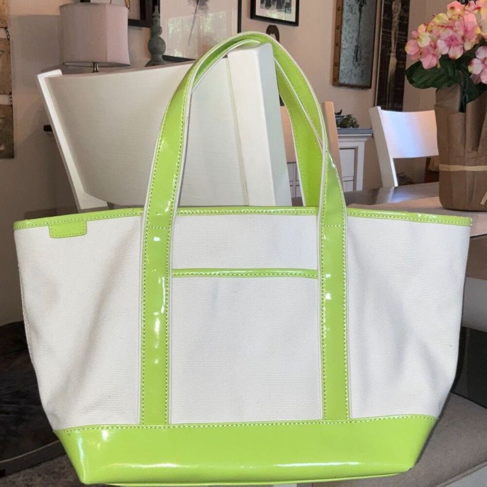 Lands End Canvas Tote Lime Green Patent trim Boat and Tote